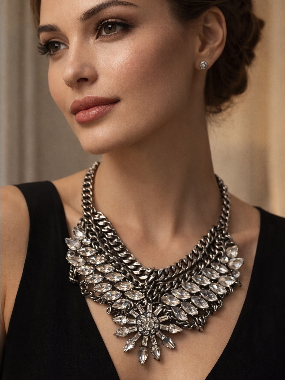 Crystal Statement Collar Necklace - Silver Tone